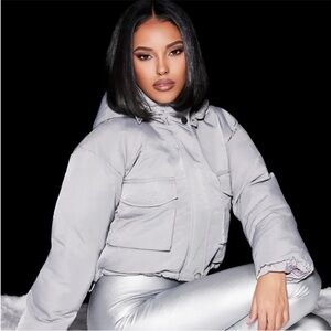 NEW NAKED WARDROBE Icy Gray Hooded Cropped Puffer Winter Jacket